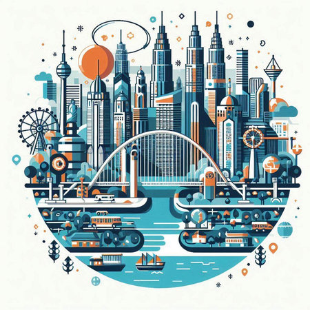 Vector illustration of Shanghai skyline in circle shape with hand drawn elements.のイラスト素材