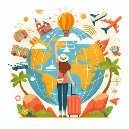 Travel around the world concept. Vector illustration in flat cartoon style.のイラスト素材