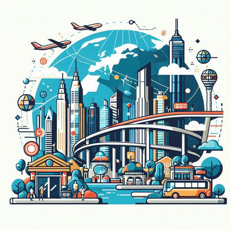 Cityscape of Shanghai, China. Vector illustration in line art styleのイラスト素材