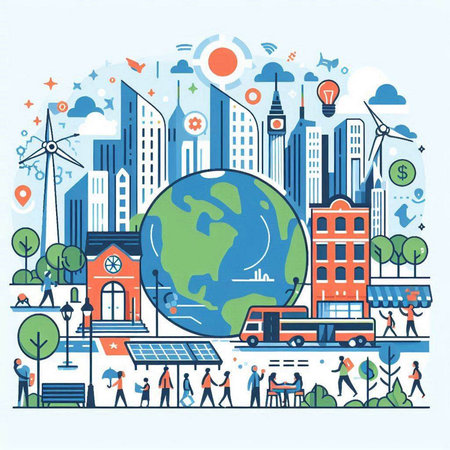 Ecology concept with people around the world. Vector illustration in linear styleのイラスト素材