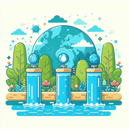 Vector illustration of water park with trees, bushes and plants. Ecology concept.のイラスト素材
