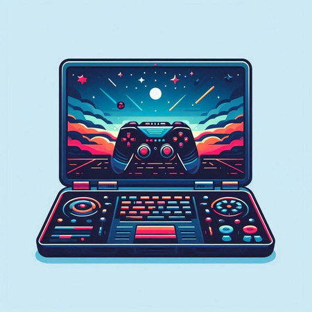 Gamepad on a laptop screen. Vector illustration in retro style.のイラスト素材