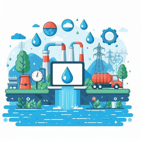 Ecology concept. Vector illustration in flat style with icons of water supply, natural gas, oil industry, natural gas.のイラスト素材