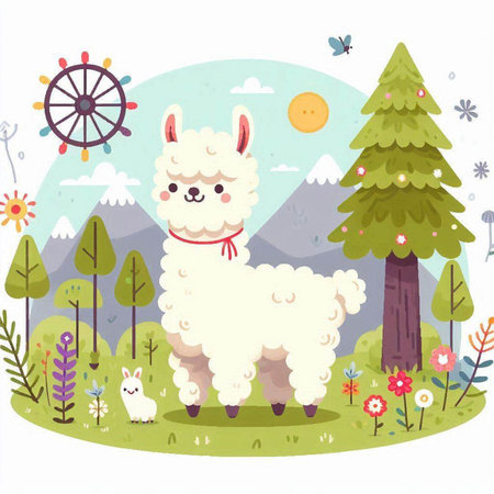 Cute alpaca in the meadow. Vector illustration.のイラスト素材