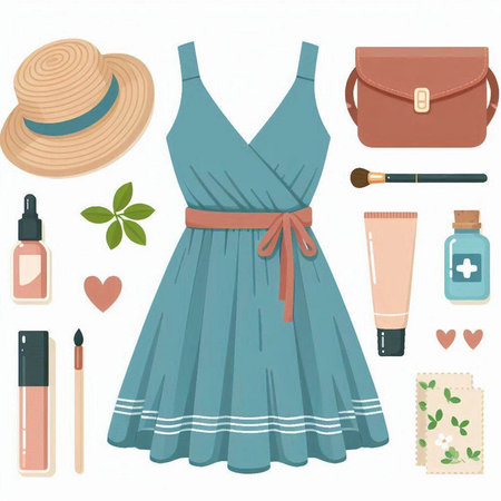 Women's clothing and accessories. Vector illustration of a blue dress, hat, bag, cosmetics, perfume, perfume.のイラスト素材
