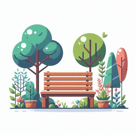 Vector illustration of a park bench with trees and plants in pots.のイラスト素材