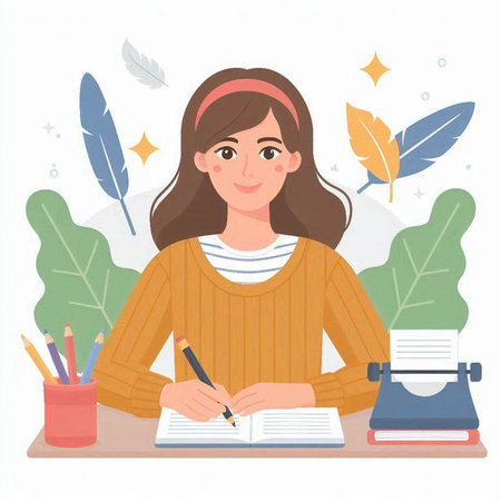 Young woman sitting at the desk and writing in a notebook. Vector illustrationのイラスト素材