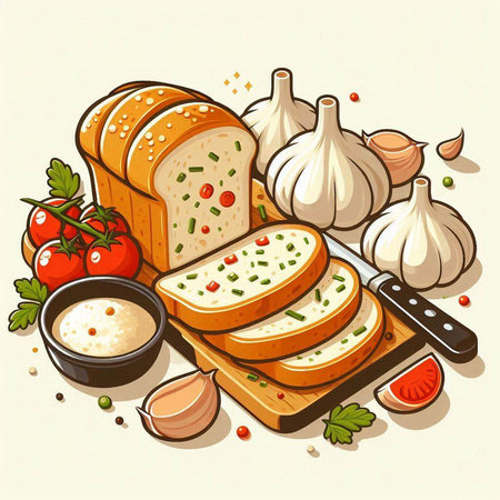 Illustration of sliced bread with garlic, tomato and mayonnaiseのイラスト素材