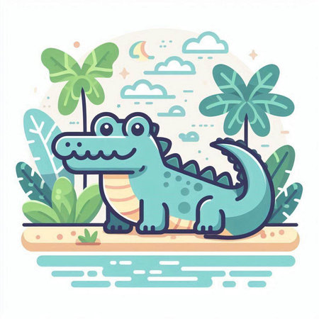 Cute crocodile in the park. Vector illustration in flat styleのイラスト素材