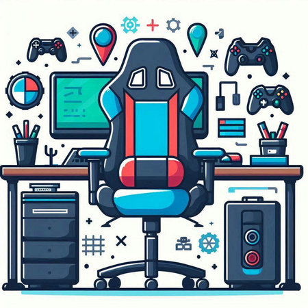 Vector illustration in flat style of gamer workspace with chair, computer and gamepad.のイラスト素材