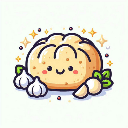 Illustration of Cute Bread Character with Garlic and Star on White Backgroundのイラスト素材