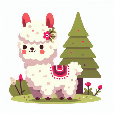 Cute alpaca and pine tree. Vector illustration in cartoon style.のイラスト素材