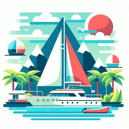 Yacht in the sea with palm trees and mountains. Vector illustrationのイラスト素材