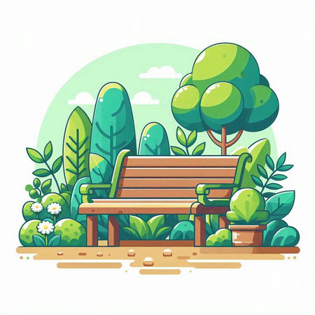 Wooden bench in the park. Vector illustration in flat style.のイラスト素材