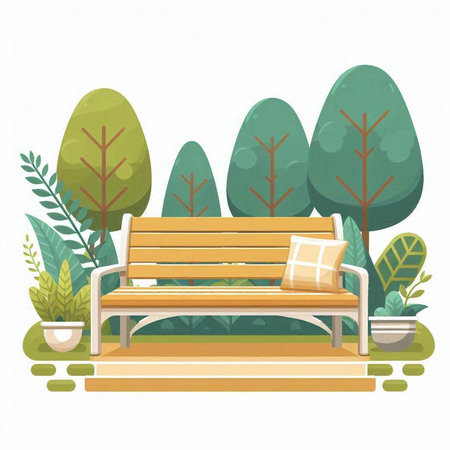 Wooden bench in the park. Vector illustration in flat style.のイラスト素材