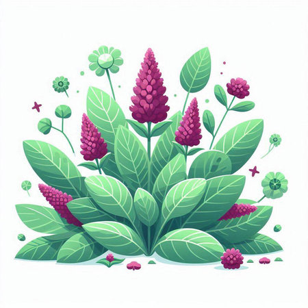 Illustration of a green plant with pink flowers and green leaves.のイラスト素材