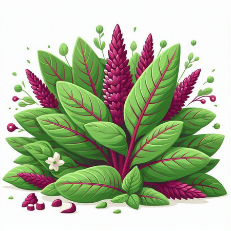 Illustration of a bunch of red amaranth with green leaves and flowersのイラスト素材