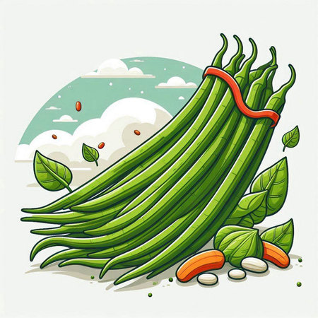 Green beans and vegetables. Vector illustration of green beans with leaves.のイラスト素材