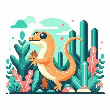Cute cartoon lizard in the jungle. Vector illustration in flat styleのイラスト素材