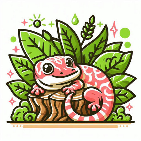 Cute cartoon gecko on a stump with leaves. Vector illustration.のイラスト素材