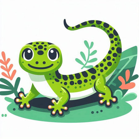 Cute little gecko on the green background. Vector illustration.のイラスト素材