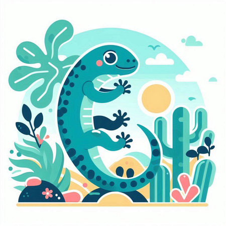 Cute cartoon lizard in the desert. Colorful vector illustration.のイラスト素材