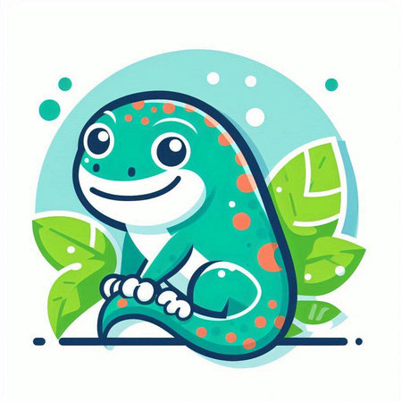 Cute cartoon chameleon with green leaves. Vector illustration.のイラスト素材