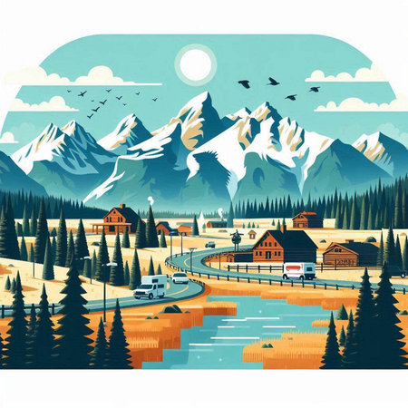 Mountain landscape with road, houses, forest and lake. Vector illustration.のイラスト素材