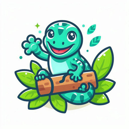 Cute cartoon lizard sitting on a log with leaves. Vector illustration.のイラスト素材