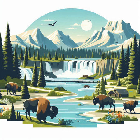 Nature landscape with mountains, river and bison. Vector illustration.のイラスト素材