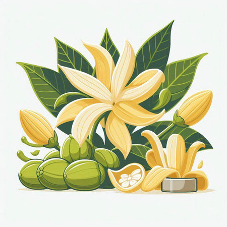 Coconut flowers and leaves on white background. Vector illustration.のイラスト素材