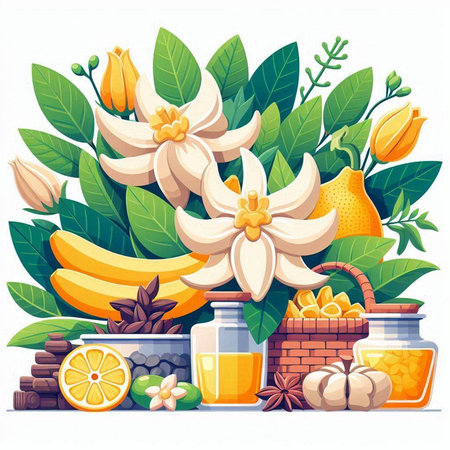 Vector illustration of natural organic cosmetics for skin care with lemon, honey, honeycomb, banana, star anise.のイラスト素材