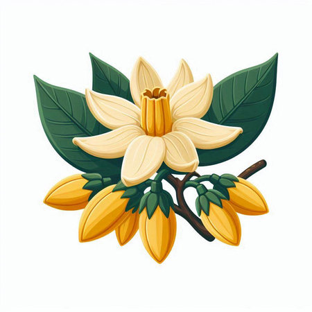 Cocoa tree branch with flowers and leaves isolated on white backgroundのイラスト素材