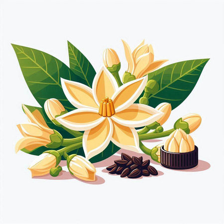 Coffee tree branch with flowers and leaves. Vector illustration.のイラスト素材