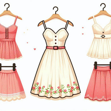 Illustration of a set of beautiful dresses on a white background.のイラスト素材