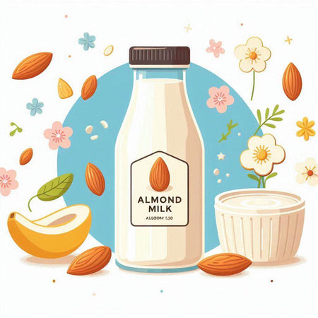 Almond milk in a bottle with nuts and flowers. Vector illustration.のイラスト素材