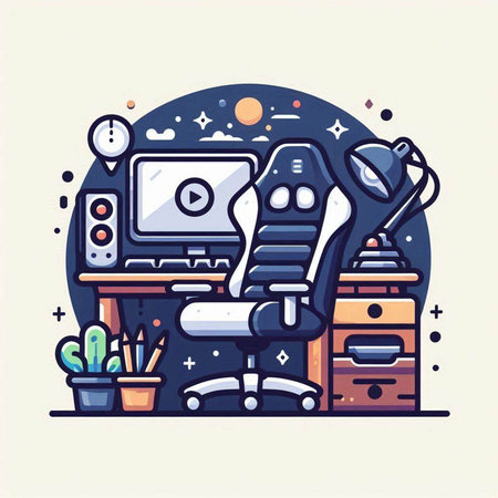 Workplace with computer, desk and chair. Vector illustration in linear styleのイラスト素材