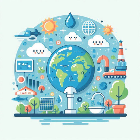 Ecology concept. Vector flat design illustration of green planet earth with icons and symbols.のイラスト素材