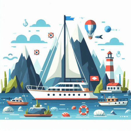 Sailing boat on the sea. Vector illustration in flat style.のイラスト素材