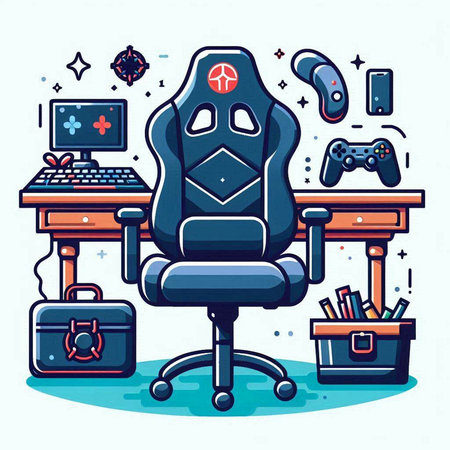 Vector illustration of gaming chair in flat line style with game console, keyboard, joystick, briefcase and other equipment.のイラスト素材