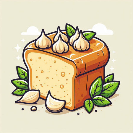 Illustration of a slice of bread with butter and garlic on a light backgroundのイラスト素材