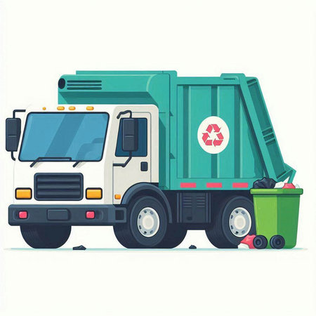 Garbage truck with trash can and recycling bin. Vector illustration.のイラスト素材
