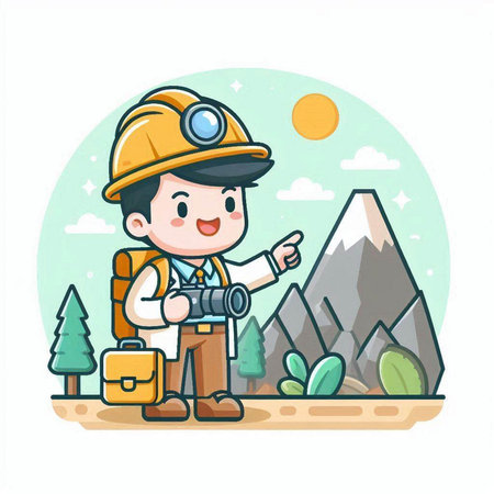Worker holding camera and pointing at mountain,Vector Illustration.のイラスト素材