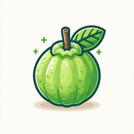 Cute cartoon green guava fruit isolated on white background. Vector illustration.のイラスト素材