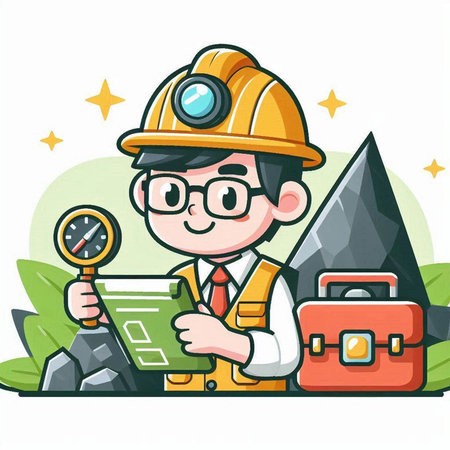 Engineer with a map and a magnifying glass, vector illustrationのイラスト素材