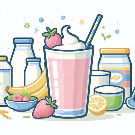 Illustration of milk shake in a glass with fresh fruits and dairy productsのイラスト素材