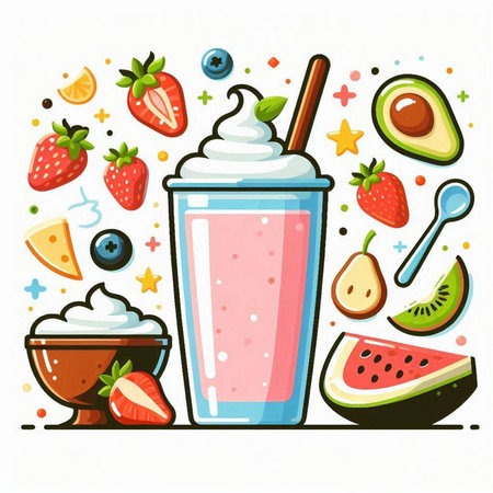 Milkshake with strawberries, blueberries, avocado, watermelon, cherry and spoon. Vector illustration.のイラスト素材