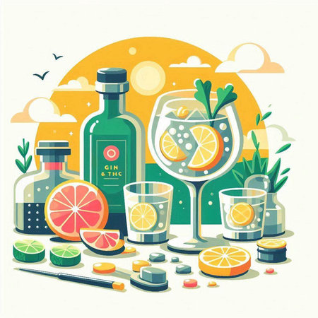 Set of alcoholic drinks and cocktails on the beach. Vector illustration.のイラスト素材