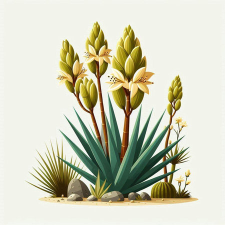 Flowering agave plant, vector illustration on white background.のイラスト素材