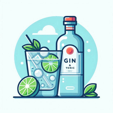 Bottle of gin and tonic with lime and mint. Vector illustrationのイラスト素材